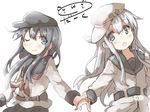  ;) akatsuki_(kantai_collection) anchor_symbol black_hair black_skirt blue_eyes darkside flat_cap hammer_and_sickle hat hibiki_(kantai_collection) holding_hands kantai_collection long_hair long_sleeves multiple_girls neckerchief one_eye_closed pleated_skirt remodel_(kantai_collection) school_uniform serafuku silver_hair simple_background skirt smile verniy_(kantai_collection) white_background 