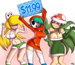  belt blonde_hair breasts cleavage dress elbow_gloves fang female garter_belt garter_straps genderswap gloves gradient gradient_background green_hair grin hair_over_one_eye koopa_troopa long_hair mario_kart mario_kart_8 mask midriff multiple_girls navel no_bra personification piranha_plant plant_girl short_hair shorts shy_guy sign smile super_mario_bros. tank_top thighhighs very_long_hair white_legwear 