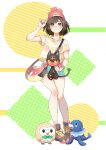  1girl ayan_ip bag beanie blue_eyes blush bracelet brown_hair closed_mouth commentary_request eyelashes green_shorts hand_up hat highres jewelry knees legs litten on_lap pokemon pokemon_(creature) pokemon_on_lap pokemon_sm popplio red_headwear rowlet selene_(pokemon) shirt shoes short_sleeves shorts shoulder_bag smile starter_pokemon_trio t-shirt yellow_shirt z-ring 