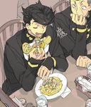  basket chair clam earrings food fork gakuran glass higashikata_jousuke jewelry jojo_no_kimyou_na_bouken male_focus multiple_boys napkin nijimura_okuyasu pasta pompadour school_uniform toujou_sakana 