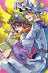  blonde_hair book brown_eyes brown_hair cat_tail checkered checkered_clothing chen fox_tail hat highres kusuke long_sleeves multiple_girls open_mouth pillow_hat red_eyes short_hair tail touhou traditional_media watercolor_(medium) wide_sleeves yakumo_ran yellow_eyes 