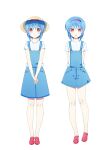  2girls :p absurdres alternate_costume alternate_eye_color arms_behind_back barefoot blue_hair blue_overalls blush casual closed_mouth commentary full_body hair_between_eyes hairband hat highres little_busters! looking_at_viewer multiple_girls natsuoto_rito nishizono_midori nishizono_mio overalls own_hands_together pink_footwear red_eyes red_hairband shirt short_hair short_sleeves side-by-side simple_background smile standing straight-on straw_hat tachi-e tongue tongue_out v_arms white_background white_shirt 