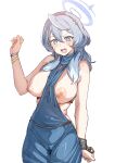  1girl ako_(blue_archive) ako_(dress)_(blue_archive) bare_shoulders between_breasts blue_archive blue_dress blue_eyes blue_hair blue_halo blush bow_(bhp) breasts breasts_out clothes_between_breasts commentary_request cowboy_shot cuffs dress halo large_breasts long_hair nipples no_bra official_alternate_costume open_mouth sideless_dress simple_background sleeveless sleeveless_dress solo standing white_background 