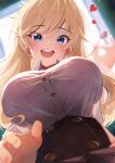  1girl absurdres blonde_hair blue_eyes blush bra breasts heart highres idolmaster idolmaster_cinderella_girls lace-trimmed_bra lace_trim large_breasts long_hair looking_at_viewer mimikaki ohtsuki_yui open_mouth pov satoyama_meu see-through see-through_shirt shirt smile underwear wavy_hair white_shirt 