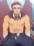  1boy abs armpit_hair bara belt blue_pants brown_belt brown_eyes canopus_wolph earrings feather_earrings feathered_wings feathers headband highres hikalunatique jewelry long_hair looking_at_viewer male_focus muscular muscular_male nipples open_fly open_mouth outdoors pants pectorals red_hair sitting solo sweat sweatdrop tactics_ogre thick_eyebrows topless_male white_headband wings 