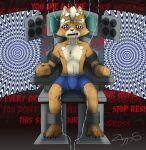 alphabet anthro bdsm bodily_fluids bondage bound brainwashing canid canine chair clothing electrode fox fox_mccloud furniture hi_res hypnosis male mammal mind_control nintendo restrained series solo star_fox struggling sweat underwear ziggy_s