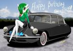 2024 3_fingers blue_eyes breasts car cleavage clothed clothing cobra0281 dress eye_through_hair featureless_feet feet female fingers gardevoir generation_3_pokemon hair hair_over_eye happy_birthday heterochromia hi_res humanoid license_plate looking_at_viewer medium_breasts medium_hair nintendo not_furry one_eye_obstructed open_mouth pokemon pokemon_(species) red_eyes ruby_(ghostth39) signature sitting_on_car solo translucent translucent_hair vehicle