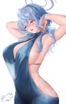  1girl :d ako_(blue_archive) ako_(dress)_(blue_archive) armpits arms_up bare_shoulders blue_archive blue_dress blue_eyes blue_hair blue_halo blush breasts commentary_request dress halo highres large_breasts medium_hair obiwan official_alternate_costume open_mouth paid_reward_available sideboob signature smile solo sweat weisuoxin 