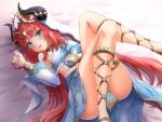  1girl :3 absurdres blue_eyes blue_nails blue_skirt blush breasts detached_sleeves fake_horns genshin_impact gold_choker halterneck harem_outfit highres horns long_hair looking_at_viewer lying midriff nilou_(genshin_impact) open_mouth red_hair shrug_(clothing) skirt small_breasts smile solo unebabu very_long_hair white_veil 