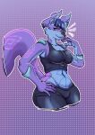 absurd_res anthro blue_body blue_fur bottomwear breasts canid clothed clothing facial_piercing female fur hair hand_on_hip hi_res horn intersex looking_at_viewer m0nk-3 mammal pattern_background piercing purple_body purple_eyes purple_fur simple_background smile solo tattoo