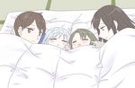  ^_^ akagi_(kantai_collection) bad_id bad_pixiv_id brown_eyes brown_hair closed_eyes drooling futon green_hair hair_down kaga_(kantai_collection) kantai_collection long_hair multiple_girls open_mouth pillow shoukaku_(kantai_collection) silver_hair sleeping smile tatami udon_(shiratama) under_covers upper_body younger zuikaku_(kantai_collection) 