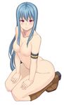  areolae armband ass bad_id bad_pixiv_id bangs blue_hair blush boots breasts collarbone expressionless full_body hands_on_thighs highres hinanawi_tenshi knee_boots large_breasts long_hair looking_at_viewer looking_to_the_side michihasu nipples nude outline purple_eyes seiza simple_background sitting solo thighs touhou very_long_hair white_background 