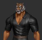 anthro clothing epic_games espion fangs felid fortnite fur leather leather_clothing male mammal muscular orange_body orange_fur oscar_(fortnite) pantherine pose solo suit teeth tiger zbrush