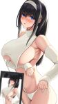  1girl 1other absurdres arisugawa_ya arm_under_breasts black_hair blue_eyes blurry blurry_foreground blush breasts cellphone_photo depth_of_field detached_collar groin hairband highres idolmaster idolmaster_cinderella_girls large_breasts looking_at_viewer meme_attire nose_blush panties sagisawa_fumika side-tie_panties sideboob sideless_outfit sidelocks simple_background solo_focus stomach straight_hair sweatdrop sweater underboob underwear virgin_destroyer_sweater white_background white_hairband white_panties white_sweater 