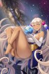 absurdres anklet barefoot blue_dress blue_nails breasts dark-skinned_female dark_skin detached_sleeves dress dryseaweed earrings earth_(planet) floating floating_hair halo highres hololive jewelry large_breasts long_hair no_bra one_eye_closed panties planet short_twintails sideboob smile space star_(sky) thighs tsukumo_sana twintails underwear very_long_hair virtual_youtuber 