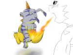 ambiguous_gender animal_skin bandai_namco breath_powers burning butt butt_on_fire digimon digimon_(species) duo elemental_manipulation fifybear fire fire_breathing fire_manipulation gabumon guilmon hand_on_butt hasbro horn pain rear_view tail tail_on_tail