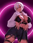  1girl belly bra breasts chain curvy highres hood hoodie park_dona short_hair shorts thighs tomboy torn_clothes underwear virtual_youtuber white_hair white_hoodie 