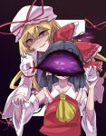 2girls ascot black_background blonde_hair bow breasts brown_eyes collared_shirt dress elbow_gloves frilled_bow frilled_hair_tubes frilled_shirt_collar frills gap_(touhou) gloves hair_tubes hakurei_reimu hat hat_bow hat_ribbon highres holding_another&#039;s_wrist juliet_sleeves long_hair long_sleeves mob_cap multiple_girls open_mouth puffy_sleeves purple_tabard red_ribbon red_shirt ribbon shirt sidelocks sleeveless sleeveless_shirt small_breasts sweatdrop tabard touhou very_long_hair white_dress white_gloves white_headwear white_sleeves wide_sleeves yakumo_yukari yellow_ascot yellow_ribbon yet_you 