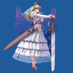  between_breasts blonde_hair blue_background breasts crown detached_sleeves dress drill_hair fantasy frilled_dress frills full_body green_eyes high_heels huge_weapon large_breasts long_hair masao open_toe_shoes planted_sword planted_weapon puffy_sleeves ribbon sandals scabbard see-through sheath shoes sideboob sidelocks solo strap_cleavage sword toes weapon white_dress 