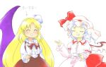  2girls :d ^_^ arrow_(symbol) bat_wings blonde_hair blue_hair bow bowtie brown_bow brown_bowtie brown_skirt buttons center_frills closed_eyes cup frills hair_ribbon hat hat_ribbon holding holding_cup kurumi_(touhou) light_blue_hair long_hair long_sleeves mob_cap multiple_girls nonamejd official_style purple_wings red_ribbon remilia_scarlet ribbon shirt short_hair simple_background skirt smile suspender_skirt suspenders teacup touhou touhou_(pc-98) very_long_hair white_background white_headwear white_ribbon white_shirt white_skirt white_wings wings zun_(style) 
