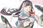  1girl black_hair blue_eyes blunt_bangs choko_(cup) cup floral_print_kimono grey_hair hand_fan harukayu_yu highres holding holding_cup holding_fan hololive hololive_dev_is japanese_clothes juufuutei_raden kimono long_hair looking_at_viewer multicolored_hair open_mouth paper_fan sidelocks smile solo streaked_hair virtual_youtuber white_kimono 
