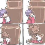  :d ahoge chocolate chocolate_covered chocolate_fountain chocolate_on_clothes chocolate_on_face comic commentary food food_on_face holding holding_food in_food jack_and_jill_(movie) japanese_clothes kimono kureha_mitsushige long_sleeves marshmallow minigirl obi open_mouth parody pink_eyes purple_hair sash short_hair smile solo sukuna_shinmyoumaru touhou white_background wide_sleeves 