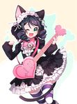  ;d animal_ears bell black_hair bow bowtie cat_ears cat_tail curly_hair cyan_(show_by_rock!!) fang frilled_skirt frills green_eyes guitar headdress heart_guitar highres instrument looking_at_viewer ng_(kimjae737) one_eye_closed open_mouth short_hair show_by_rock!! skirt smile solo strawberry_heart striped striped_legwear tail thighhighs zettai_ryouiki 