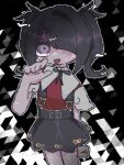  1girl ame-chan_(needy_girl_overdose) black_hair black_ribbon black_skirt collared_shirt commentary_request cowboy_shot hair_ornament hair_over_one_eye hand_up highres jaggy_lines long_hair looking_at_viewer neck_ribbon needy_girl_overdose nemurumi outline purple_eyes red_shirt ribbon shaded_face shirt skirt solo standing suspender_skirt suspenders sweat twintails white_outline x_hair_ornament 