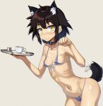  1girl animal_ear_fluff animal_ears bikini black_hair breasts collar collarbone cup dog_ears dog_tail fangs front-tie_bikini_top front-tie_top highres holding holding_saucer looking_at_viewer micro_bikini navel nipple_slip nipples onimushi_hyogo original paw_pose saucer short_hair sidelocks simple_background small_breasts smile solo swimsuit tail teacup yellow_eyes 