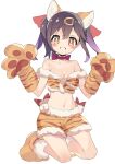  1girl animal_ear_fluff animal_ears animal_hands animal_print bare_shoulders black_hair blush_stickers breasts brown_eyes claw_pose cleavage collarbone commentary fur-trimmed_shorts fur_trim gloves grin hair_between_eyes hair_ornament hair_ribbon hairclip highres kneeling looking_at_viewer medium_breasts midriff motituki0 multicolored_hair navel neck_ribbon onii-chan_wa_oshimai! oyama_mihari paw_gloves paw_shoes print_shorts purple_hair red_ribbon ribbon short_shorts shorts simple_background smile solo tiger_ears tiger_print twintails two-tone_hair white_background 