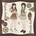  2girls :o ;d ankle_socks arm_up black_footwear blush border bow bowtie brown_border brown_bow brown_bowtie brown_eyes brown_hair brown_shirt brown_skirt brown_socks brown_theme buttons collared_shirt commentary_request dot_nose doughnut expressionless food full_body green_bow green_bowtie green_eyes green_skirt green_sweater_vest grid grid_background highres holding_hands ice_cream long_hair looking_at_viewer miniskirt multiple_girls nahara_saki notice_lines one_eye_closed open_mouth original pie pleated_skirt shirt shoes short_hair short_sleeves skirt sleeves_past_elbows smile sneakers socks standing sweater_vest unfinished v v_over_head white_footwear white_shirt yuri 