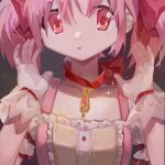  1girl :o bow bow_choker choker close-up collarbone dress frilled_dress frilled_sleeves frills gloves grey_background hair_between_eyes hair_bow hands_up highres kaname_madoka liangacute looking_at_viewer magical_girl mahou_shoujo_madoka_magica mahou_shoujo_madoka_magica_(anime) open_mouth pink_eyes pink_gemstone pink_hair puffy_short_sleeves puffy_sleeves red_choker short_hair short_sleeves short_twintails simple_background solo sparkle twintails upper_body white_gloves 