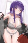  1boy 1girl absurdres bare_shoulders black_hair blunt_bangs blush bra breasts closed_mouth collarbone commentary english_commentary frieren grey_bra grey_panties hetero highres indoors large_breasts layer_(shinobu) leaning_forward long_hair multicolored_hair navel paid_reward_available panties purple_eyes purple_hair red_hair solo_focus sousou_no_frieren stark_(sousou_no_frieren) sweatdrop thigh_gap two-tone_hair underwear undressing variant_set wind 