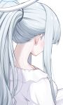  1girl absurdres alternate_costume blue_archive breasts dress grey_hair halo highres large_breasts long_hair long_sleeves mechanical_halo noa_(blue_archive) ponytail reia_76 simple_background solo upper_body white_background white_dress 