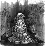  eyes gap greyscale hallucigenia highres locomon monochrome ripping rope sketch solo stuffed_animal stuffed_bunny stuffed_toy teddy_bear touhou yakumo_yukari 