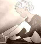  1990s_(style) 1girl ballerina ballet_slippers dithering from_side goma_(sesame) greyscale hair_bun hair_ornament hairclip leotard long_sleeves looking_down lowres monochrome oekaki original pantyhose pixel_art profile retro_artstyle sitting solo tying_footwear 