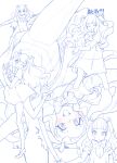  1girl ;q blue_theme blunt_bangs blush bow bow_panties bowtie commentary crotch_seam dress ellee-chan gusset hair_ribbon highres hirogaru_sky!_precure layered_sleeves long_hair long_sleeves looking_at_viewer miyagoe_yoshitsuki monochrome navel one_eye_closed open_mouth outstretched_arms panties panties_under_pantyhose pantyhose precure ribbon short_dress short_over_long_sleeves short_sleeves smile spot_color spread_arms spread_legs standing tongue tongue_out translated two_side_up underwear upside-down upskirt 
