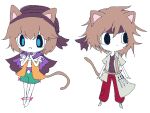  2others androgynous animal_ears asymmetrical_clothes asymmetrical_coat atoymk belt black_cape black_eyes black_headband black_headwear black_shirt blue_eyes brown_belt brown_hair cape cargo_pants cat_ears cat_other cat_tail chibi cine_hamal closed_mouth coat collared_coat dagger green_coat green_shorts grey_footwear headband knife kurohebi kuzu_suzumi len&#039;en medium_hair microsoft_paint_(medium) multiple_others no_nose no_shoes open_clothes open_coat open_mouth open_vest orange_vest other_focus own_hands_together pants pink_ribbon purple_shawl red_pants ribbon ribbon-trimmed_shorts ribbon-trimmed_socks ribbon_trim shawl shirt short_hair short_sleeves shorts simple_background sketch smile socks strapless strapless_shirt tail turban vest weapon white_background white_shirt white_socks 