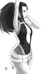  2015 armpits arms_up belt beltskirt boku_no_hero_academia breasts center_opening dated dress expressionless from_side greyscale halterneck high_ponytail hips kumada_janbo long_hair looking_to_the_side medium_breasts midriff monochrome multiple_belts no_bra non-web_source ponytail profile resized short_dress sideboob sidelocks simple_background sleeveless solo turtleneck white_background yaoyorozu_momo 