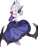  1girl absurdres black_horns black_wings blue_archive blush closed_mouth cropped_legs demon_horns demon_wings dress elbow_gloves feet_out_of_frame gloves grey_hair halo highres hina_(blue_archive) hina_(dress)_(blue_archive) horns jewelry long_hair necklace official_alternate_costume purple_dress purple_eyes purple_gloves simple_background smile solo strapless strapless_dress takashima_shoa white_background wings 