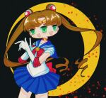  1girl bishoujo_senshi_sailor_moon black_background blue_sailor_collar blue_skirt bow bowtie brown_hair choker circlet cosplay cowboy_shot crescent curtained_hair elbow_gloves extra_eyes gloves green_eyes hair_ornament highres ikigusare long_hair looking_at_viewer multiple_faces multiple_mouths open_mouth pleated_skirt procreate_(medium) red_bow red_bowtie red_choker ringlets sailor_collar sailor_moon sailor_moon_(cosplay) sangou_(ikigusare) shirt short_sleeves skirt smile solo standing star_(symbol) starry_background tongtong_(tongtong060105) twintails very_long_hair white_gloves white_shirt 