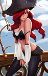  absurdres bare_shoulders biting blue_eyes breasts carlos_eduardo cleavage cowboy_shot detached_sleeves hair_over_one_eye hat highres hip_vent large_breasts league_of_legends lip_biting long_hair midriff nose pants pirate_hat red_hair sarah_fortune slender_waist smile solo strap_slip tricorne v_arms 