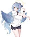  1girl absurdres black_shorts blue_archive blue_hair blue_wings breasts green_eyes gym_uniform halo highres large_breasts long_hair mine_(blue_archive) pointy_ears ponytail shirt shorts stretching unli_free white_background white_shirt wings wristband yellow_halo 