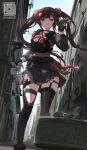  1girl artist_name black_gloves black_skirt black_thighhighs brown_hair chest_rig clacker claymore_(mine) explosive fingerless_gloves from_below gloves gun hair_ornament heart highres jirai_kei kriss_vector looking_at_viewer mine_(weapon) original pink_shirt red_nails shirt skirt solo submachine_gun suppressor tactical_clothes target thighhighs thighs tom-neko_(zamudo_akiyuki) twintails v weapon 