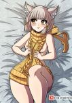 1girl animal_ear_fluff animal_ears artist_name blunt_bangs blush breasts cable_knit cat_ears facial_mark grey_hair hair_ribbon heart heart_in_eye highres kinkymation looking_to_the_side lying meme_attire naked_sweater nia_(xenoblade) nipple_slip nipples on_back on_bed patreon_username ribbed_sweater ribbon short_hair small_breasts solo sweater symbol_in_eye turtleneck turtleneck_sweater virgin_killer_sweater xenoblade_chronicles_(series) xenoblade_chronicles_2 yellow_eyes yellow_ribbon yellow_sweater 