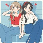  2girls :o arm_up bare_arms black_hair blonde_hair blue_background blue_pants blush buttons closed_mouth collarbone commentary crop_top cropped_shirt denim dot_nose drop_shadow expressionless feet_out_of_frame frilled_shirt frills grey_eyes grid grid_background hair_ribbon hairband hand_in_own_hair hand_to_own_mouth hand_up heart highres jeans knees_up long_hair looking_at_another looking_at_viewer midriff multiple_girls nahara_saki navel open_mouth original pants red_hairband red_ribbon red_shirt ribbon shirt short_sleeves sitting sleeveless sleeveless_shirt twintails white_shirt 