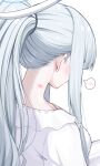  1girl absurdres alternate_costume blue_archive breasts dress grey_hair halo highres large_breasts long_hair long_sleeves mechanical_halo nape noa_(blue_archive) ponytail reia_76 revision simple_background solo spoken_blush upper_body white_background white_dress 