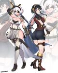  2b_(nier:automata) alternate_costume ass black_hair black_shorts blindfold boots breasts cleavage dagger denim denim_shorts dress from_behind full_body hairband high_heels highres holding holding_sword holding_weapon jarckius knife large_breasts nier:automata nier_(series) red_eyes short_hair short_hair_with_long_locks short_shorts shorts side_slit single_thighhigh skindentation spy_x_family stiletto_(weapon) sword thigh_boots thigh_pouch thigh_strap thighhighs twitter_username weapon white_dress white_hair yor_briar zoom_layer 