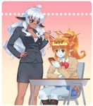  :q ahoge anger_vein angry blue_eyes blush_stickers cardigan cellphone chair dark_angel_metatron_(p&amp;d) dark_skin formal glasses hera-ur_(p&amp;d) hera_(p&amp;d) jacket loneteel long_hair multiple_girls orange_eyes pencil_skirt phone ponytail puzzle_&amp;_dragons red_hair school_uniform sitting skirt skirt_suit smile suit teacher teacher_and_student texting tongue tongue_out 