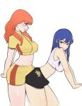  black_shorts blue_hair bulge bulge_to_ass caeda_(fire_emblem) celica_(fire_emblem) crop_top crossover dry_humping erection erection_under_clothes fire_emblem fire_emblem:_mystery_of_the_emblem fire_emblem_echoes:_shadows_of_valentia fire_emblem_warriors futa_with_futa futanari grinding humping jenocidero long_hair mario_strikers midriff navel official_alternate_costume red_hair shirt short_shorts shorts sleeveless sleeveless_shirt sports_bra teasing yellow_shirt yellow_shorts 